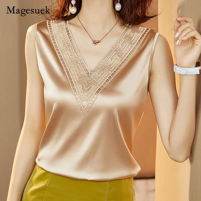 Women Satin Lace Patchwork Sleeveless V Neck Elegant Blouse