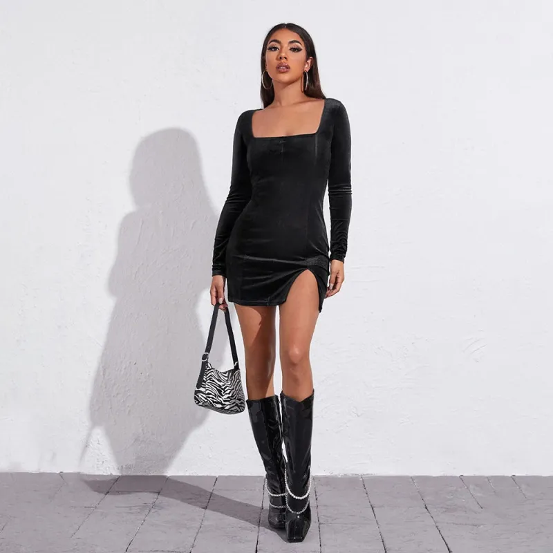Side-Slit Square Neck Temperament Velvet Long-Sleeved Bodycon Dress