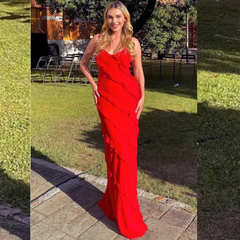 Women Fashion Sexy Solid Color Spaghetti Strap Ruffled Dress