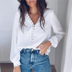 Women Plain Lace Patchwork Long Sleeve Casual Blouse