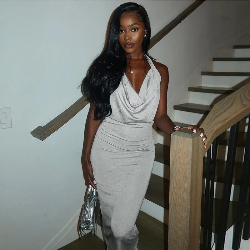 Women Fashion Neck Sexy Backless Solid Color Bodycon Maxi Dress
