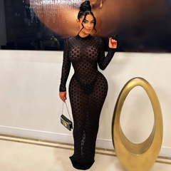 Women Fashion Sexy Mesh Long Sleeve Hollow Maxi Dress