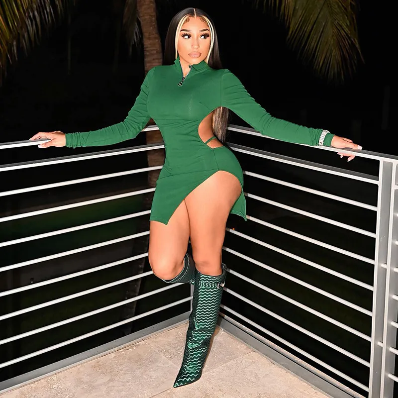 Sexy Edgy Long Sleeve Solid Color Half Zipper Backless Side-Slit Dress