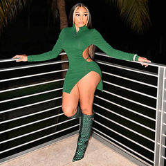 Sexy Edgy Long Sleeve Solid Color Half Zipper Backless Side-Slit Dress