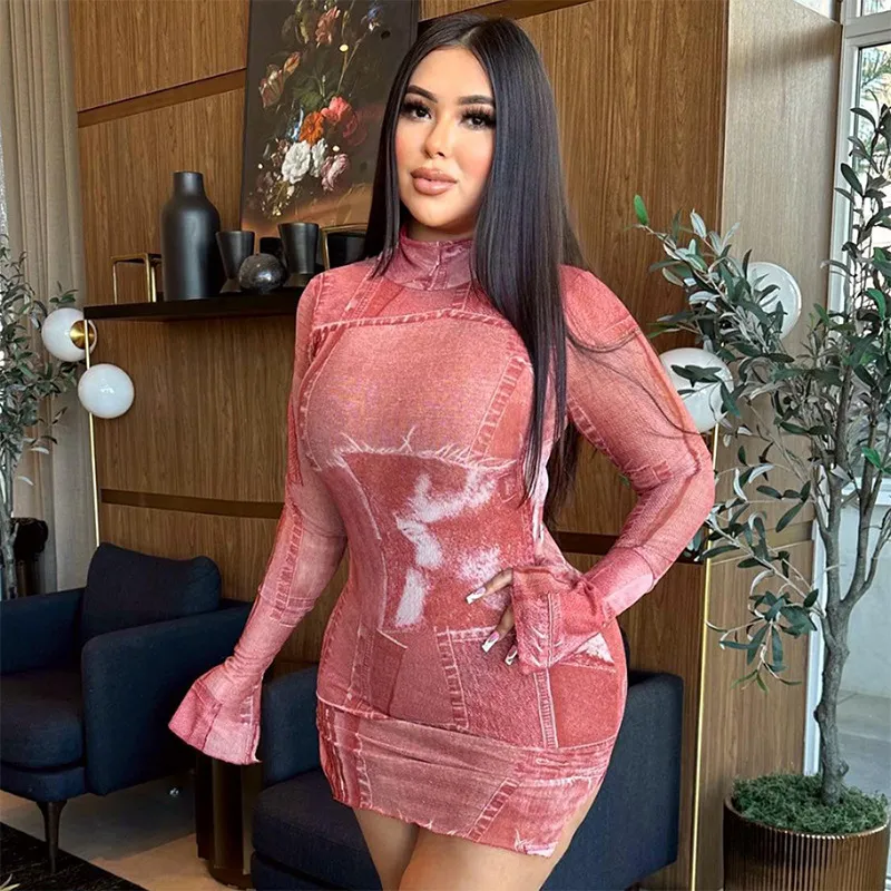 Printed High Neck Long Sleeve Bodycon Dress