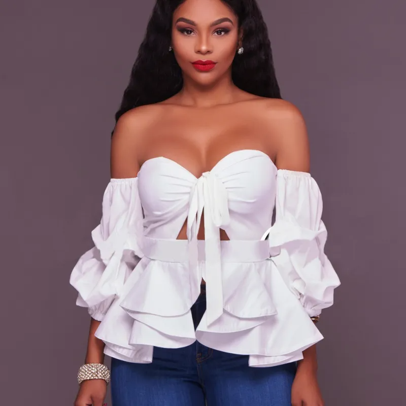 Fashion Elegnat Women Sexy Off-Shoulder Solid Color Ruffled Knotted Slim-Fit Long-Sleeved Blouse