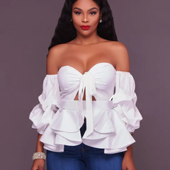 Fashion Elegnat Women Sexy Off-Shoulder Solid Color Ruffled Knotted Slim-Fit Long-Sleeved Blouse