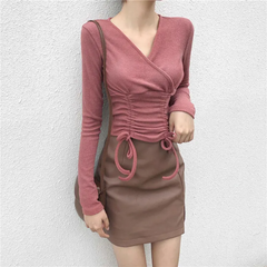 Women Fashion Solid Color V Neck Crease Top