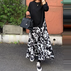Women Fashion Plus Size Printed Stitching Fake Two-Piece Round Neck Dress