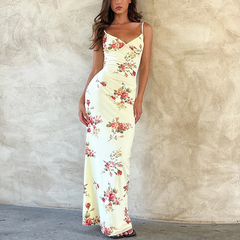 Women Fashion Elegant Floral Print V-Neck Sling Maxi Dress