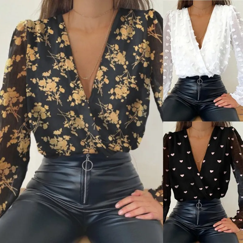 Women Elegant V Neck Fashion Long Sleeve Chic Polka Dot Solid Color Mesh Blouses