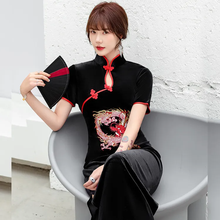 Spring And Summer Cheongsam Dress Long E Embroidered Dragon Pattern Women Banquet Birthday Dress