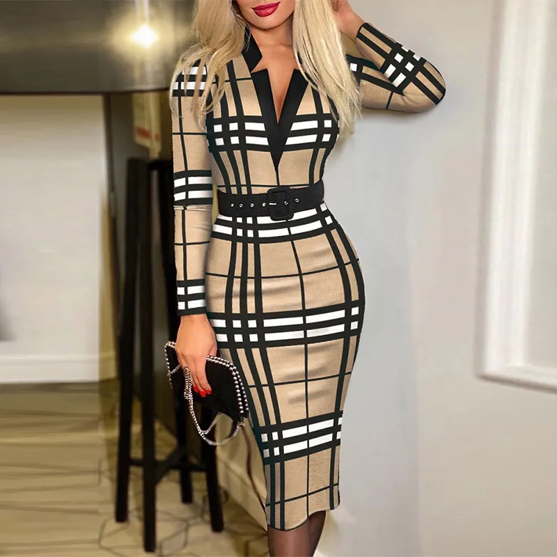 Graphic Printed V-Neck Long Sleeve Dress With Belt