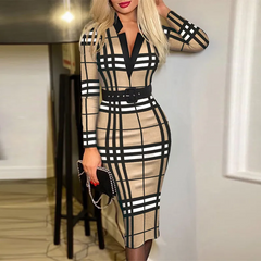 Graphic Printed V-Neck Long Sleeve Dress With Belt