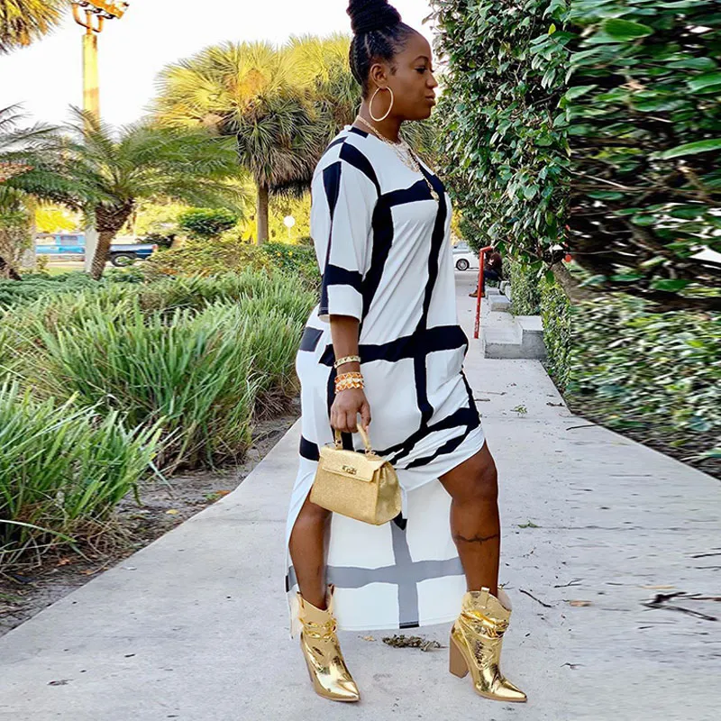 Women Black And White Plaid Seven Points Sleeve Loose Split Dress