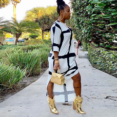 Women Black And White Plaid Seven Points Sleeve Loose Split Dress