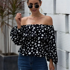 Women Fashion Polka Dot Printed Off-The-Shoulder Puff Sleeve Ruffle Blouse