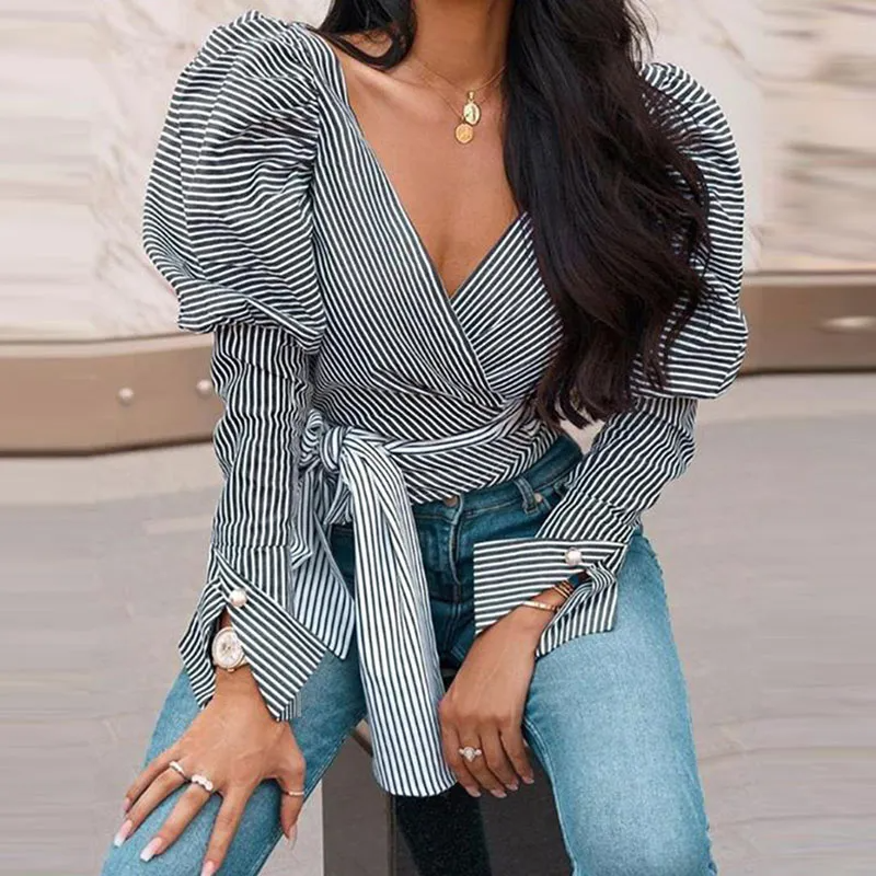 Women Sexy Striped Lace-Up V-Neck Puff Long Sleeve Blouse