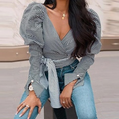Women Sexy Striped Lace-Up V-Neck Puff Long Sleeve Blouse