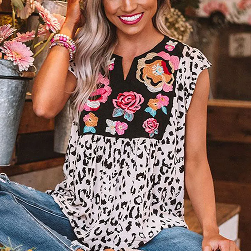 Women Leopard Print Short-Sleeve Blouse