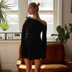 Irregular Slant Collar Lace-Up Slim-Fit Long Sleeve Dress