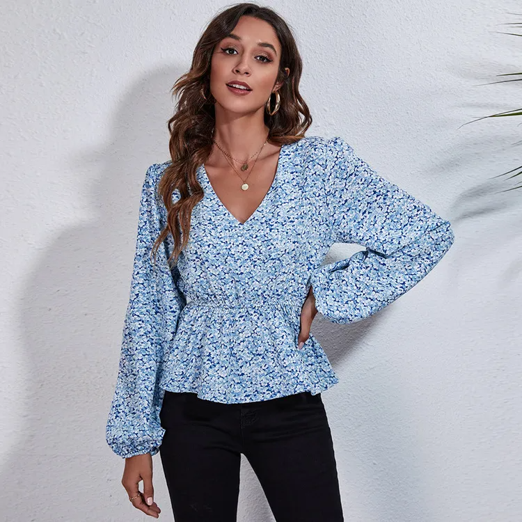 Women Casual Elegant Sweet Floral Print Long Puff Sleeve V Neck Chiffon Blouse