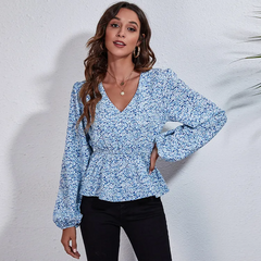Women Casual Elegant Sweet Floral Print Long Puff Sleeve V Neck Chiffon Blouse