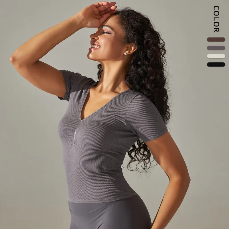 Women Fashion Solid Color Stretch Thread Slim Sport Top