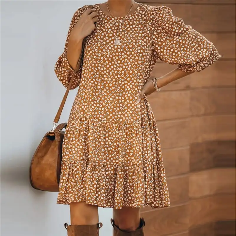 Women Fashion Floral Printed Round Neck Dress