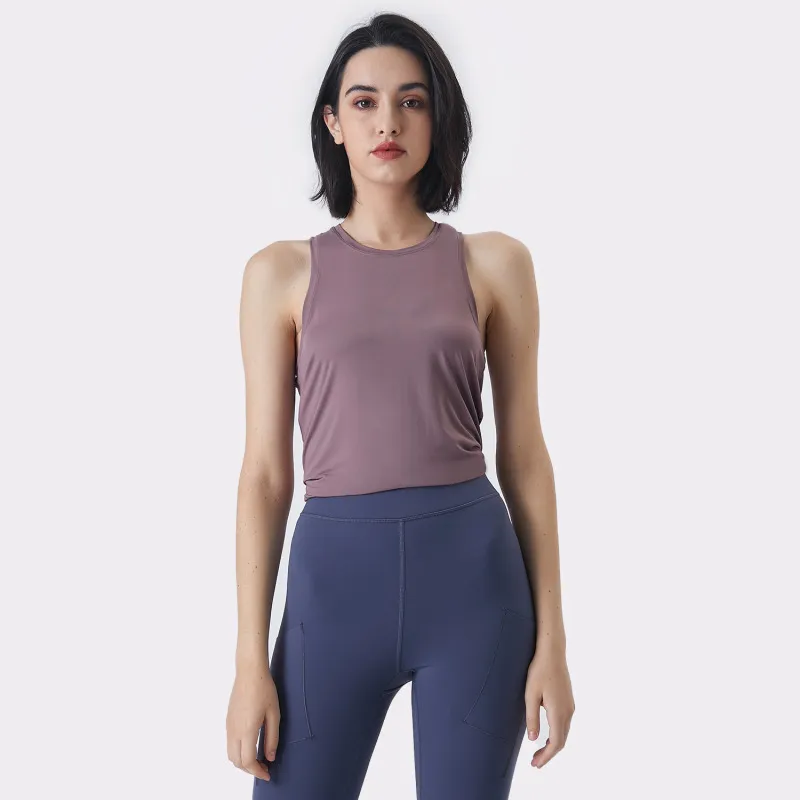 Women Casual Loose Solid Color Round Neck Sleeveless Back Split Sports Tank Top