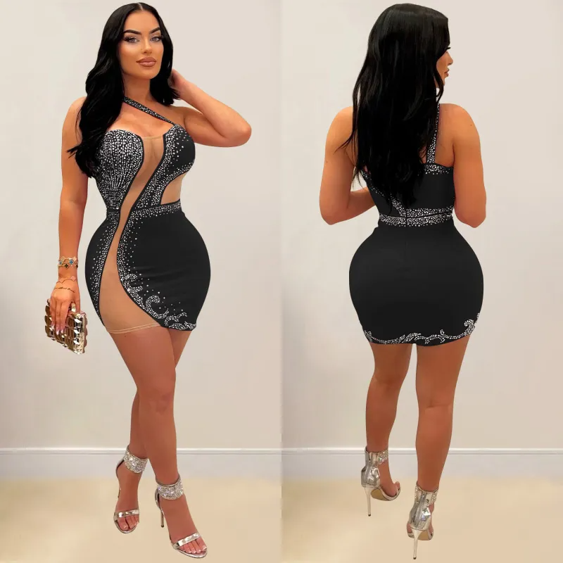 Women Fashion Solid Color Gauze Rhinestone Bodycon Dress