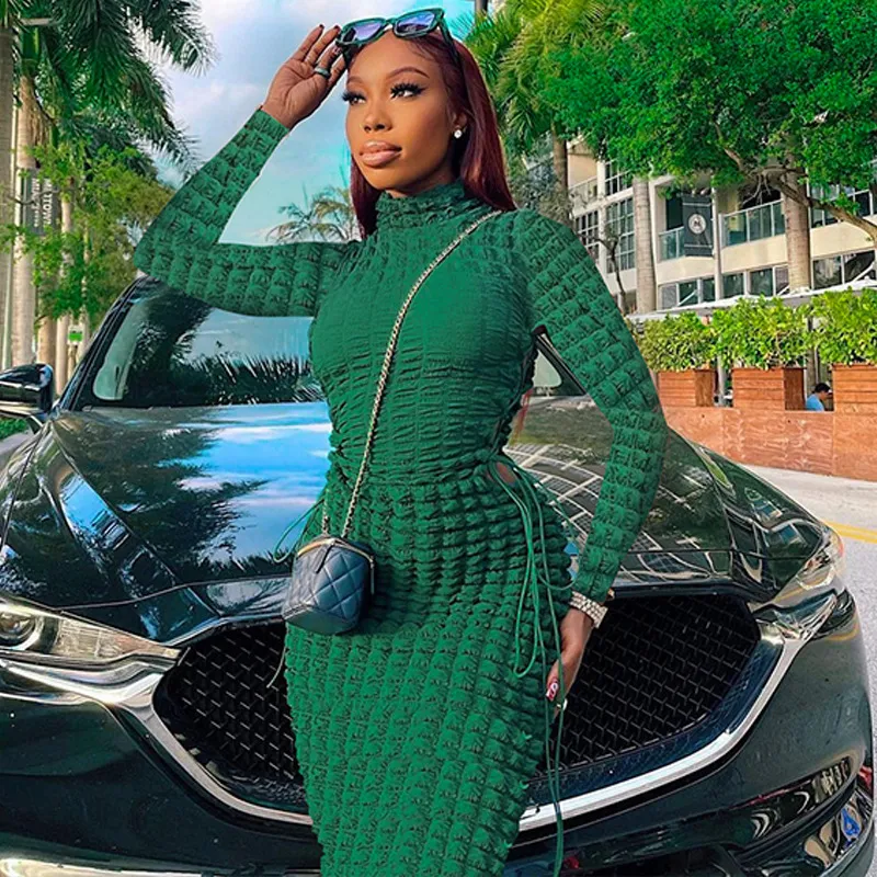 Women Edgy Basic Solid Color Autumn Fashion Turtle Neck Long Sleeve Bodycon Dress