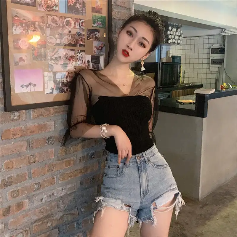 Women Fashion Mesh See Through Patchwork Rib-Knit Top