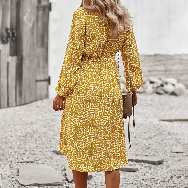 Women Fashion Tiny Flower Printed Single-Breasted Dress