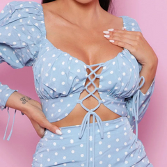 Women Fashion Polka Dot Print Hollow Bandage Long-Sleeve Ruffle Dress