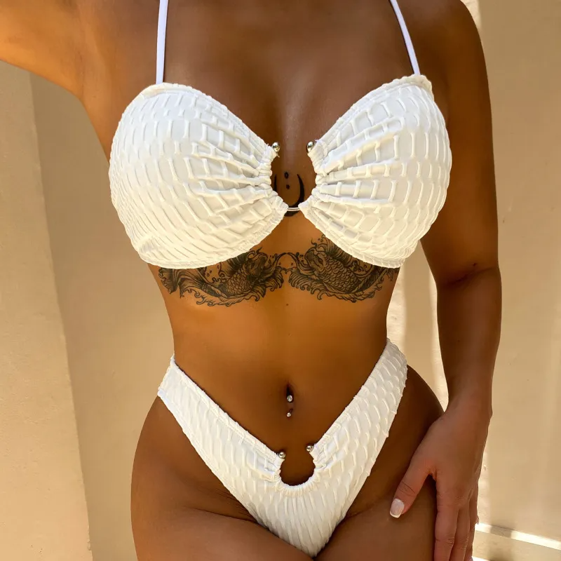 Women'S Fashion Sexy White Pit Strip Swimsuit Two-Piece Set