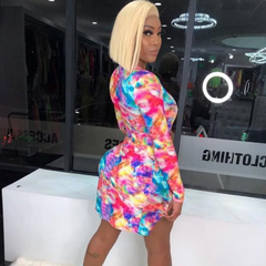 Women Sexy V-Neck Long Sleeve Tie Dye Split Mini Dress