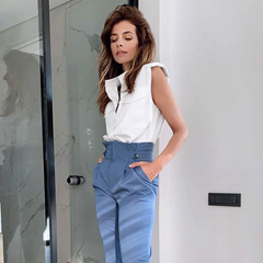 Women Fashion Solid Color Stand Collar Single-Breasted Sleeveless Shoulder Pad Blouse