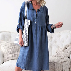 Women Lapel Single-Breasted Long-Sleeve Loose Dress