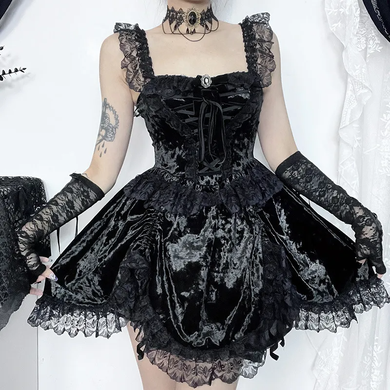 Women Sexy Gothic Off Shoulder Lace Strap Dress