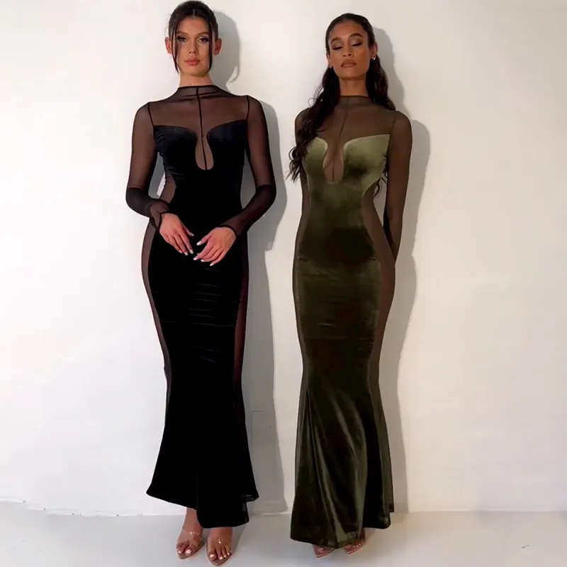 Women Sexy Hollow See-Through Mesh Velvet Patchwork Long Sleeve Round Neck Maxi Dress