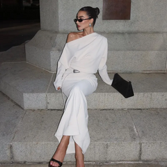 Slant Shoulder Long Sleeve Bodycon Maxi Dress