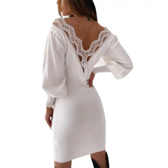 Women Fashion Solid Color Backless Lace Patchwork Dress