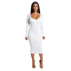 Sexy Scoop Neck Long-Sleeve Hollow Solid Color Bodycon Dress