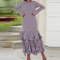 Women Fashion Solid Color Multi-Layer Ruffled Long Sleeve Dress