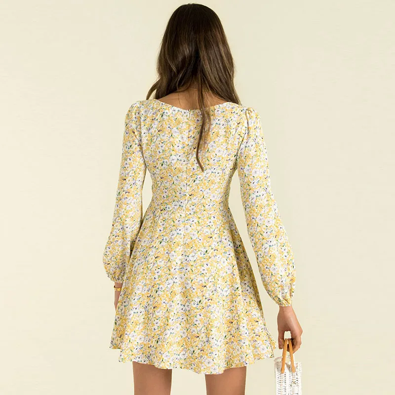 Women Sweet Lantern Sleeve Cut Out V Neck Dress