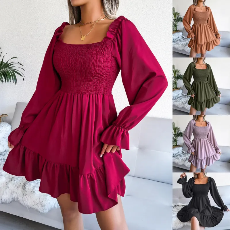 Women Fashion Square Neck Flared Long Sleeve Ruffle Swing Dress