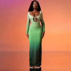 Gradient Print Strap Long Sleeve Backless Maxi Dress