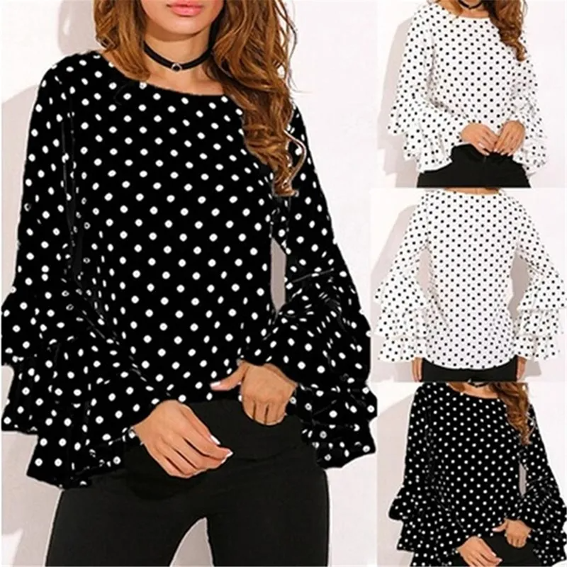 Women Plus Size Elegant Casual Polka Dot Round Neck Ruffled Long Sleeves Blouse
