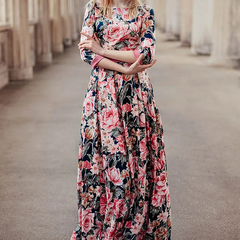 Elegant Women Round Collar Sash Floral Print Party Maxi Dress